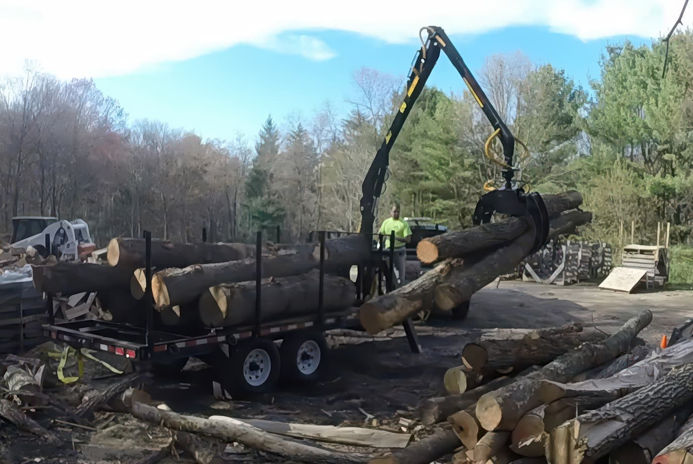 AM Machinery grapple loader lifting logs onto a log trailer in the woods