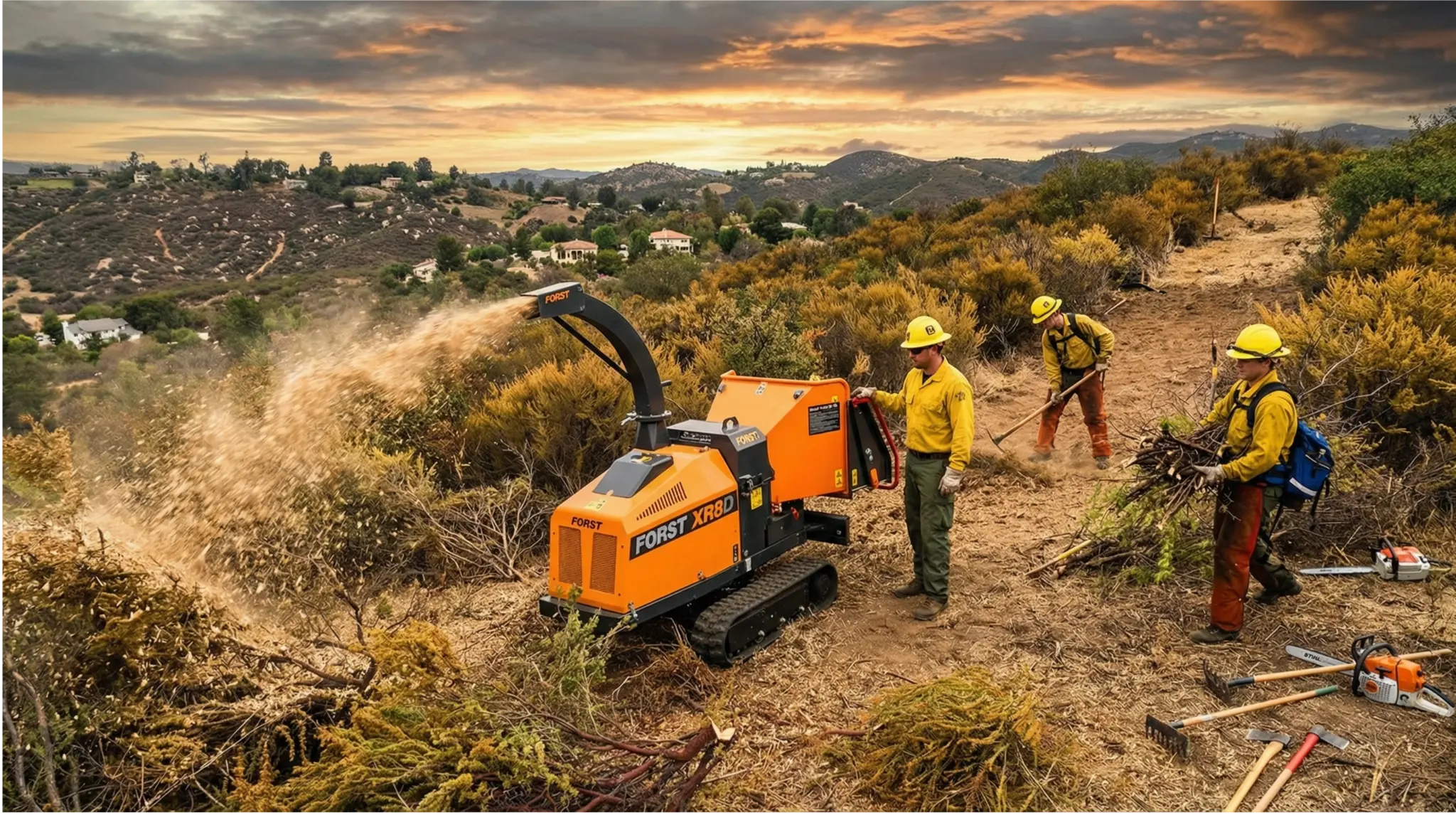 Forst XR8D feeding brush with a wildland fire crew on a Colorado hillside at sunset