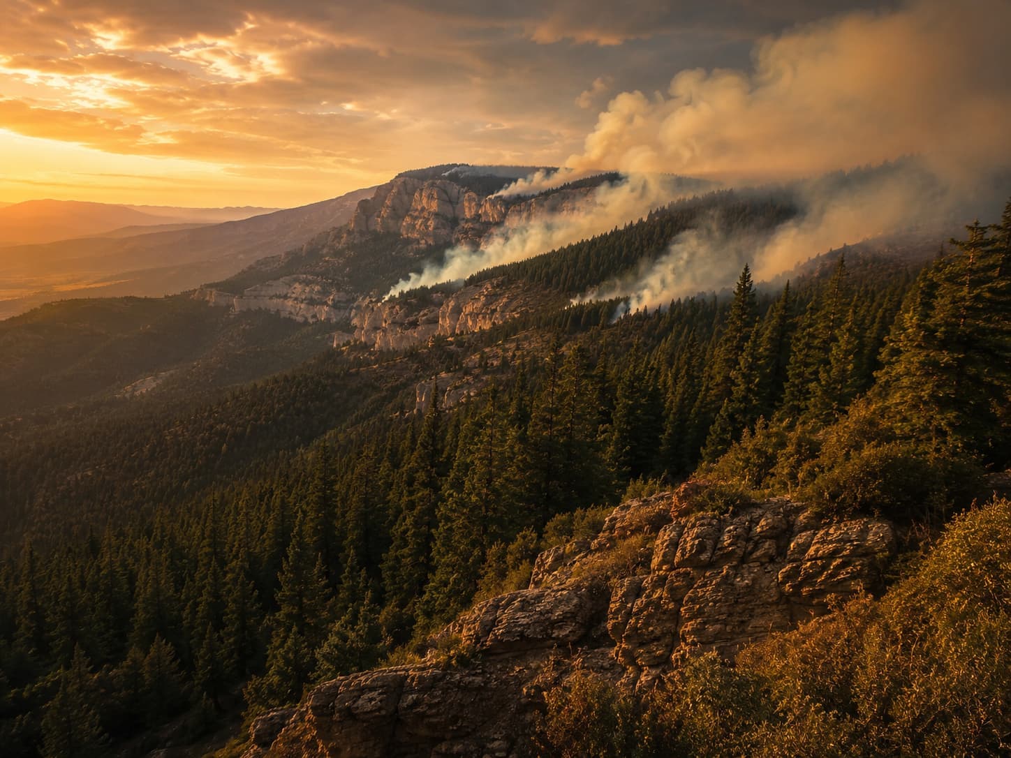 Wildfire burning across Utah ridgeline at sunset — fuel reduction needed